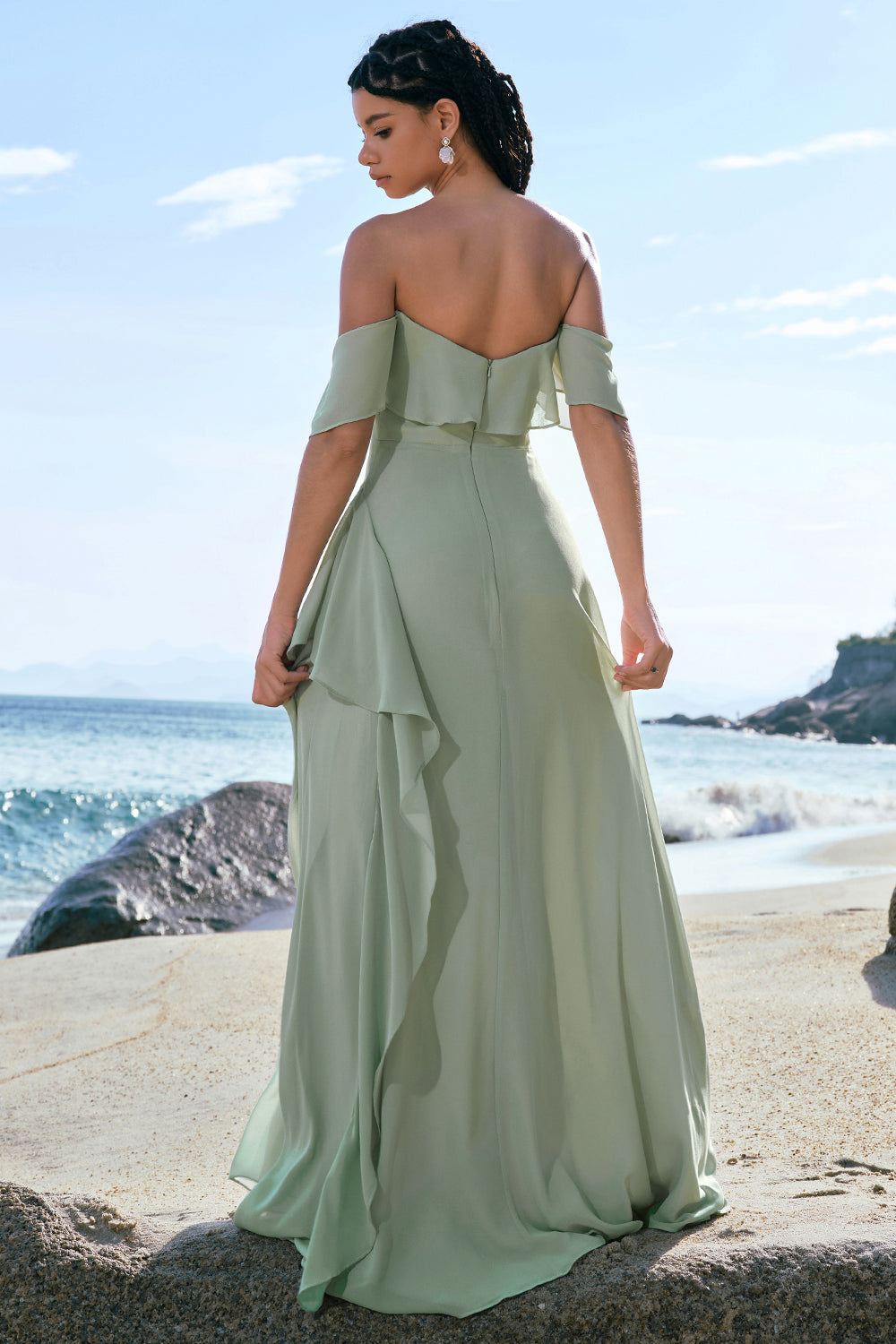 Light Green Off The Shoulder Chiffon Long Bridesmaid Dress