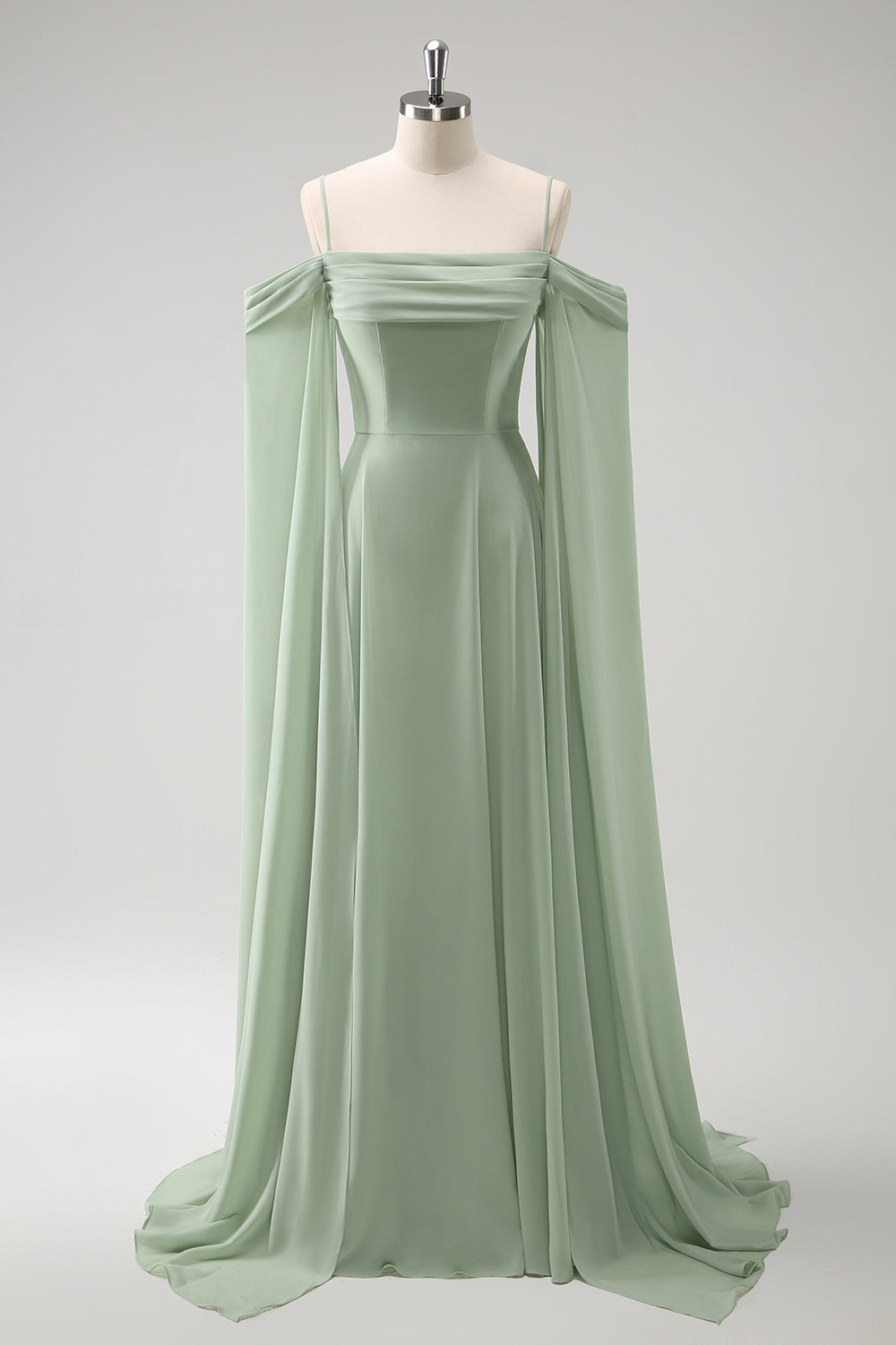 Dusty Blue Cold Shoulder A-Line Long Bridesmaid Dress with Detachable Sleeves