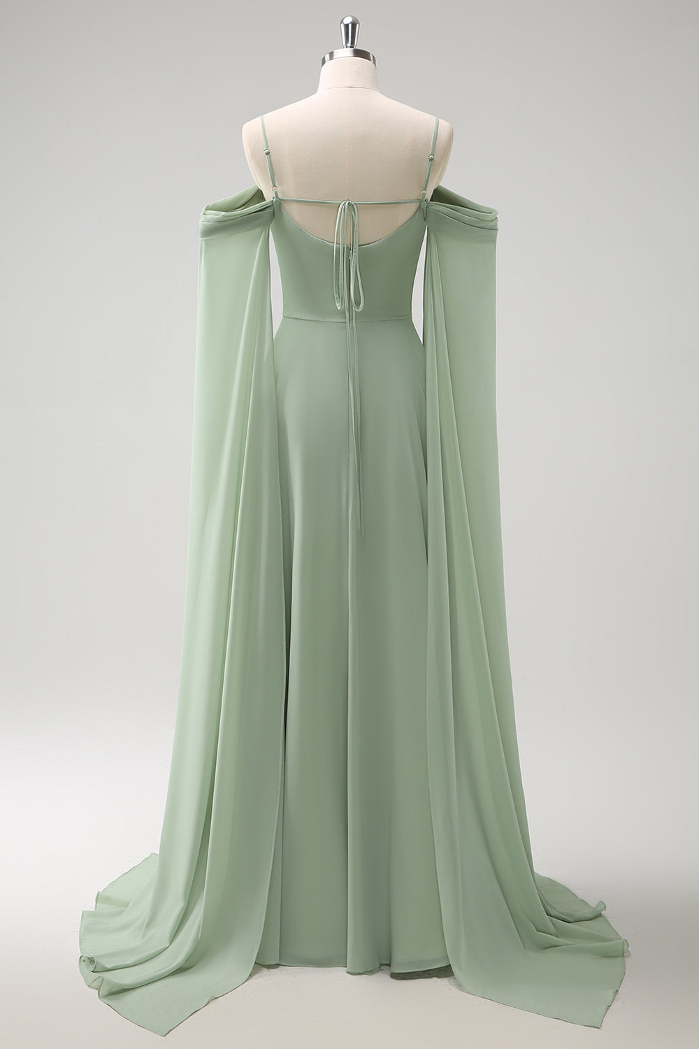 Dusty Blue Cold Shoulder A-Line Long Bridesmaid Dress with Detachable Sleeves