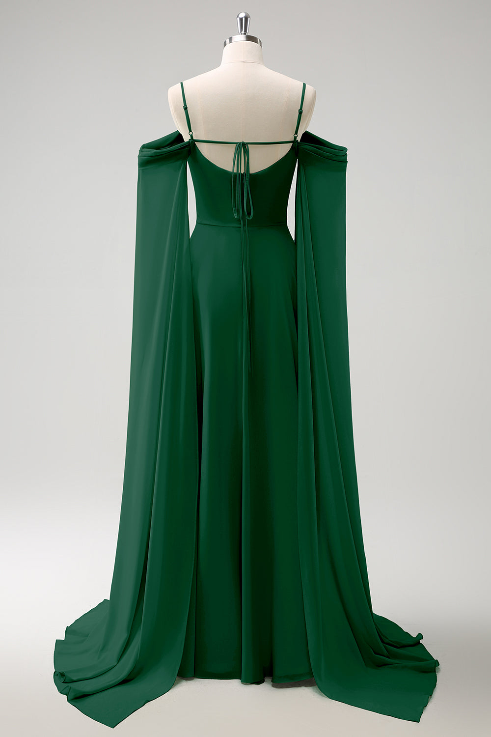 Light Green Cold Shoulder Detachable Sleeves A-Line Chiffon Long Bridesmaid Dress