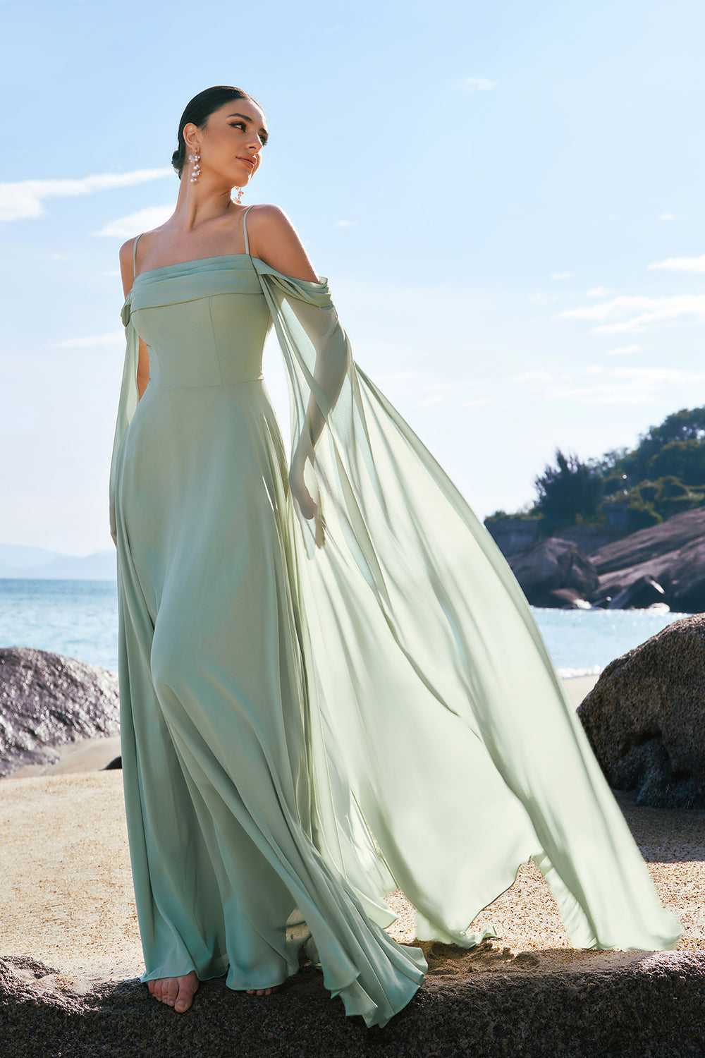 Dusty Blue Cold Shoulder A-Line Long Bridesmaid Dress with Detachable Sleeves