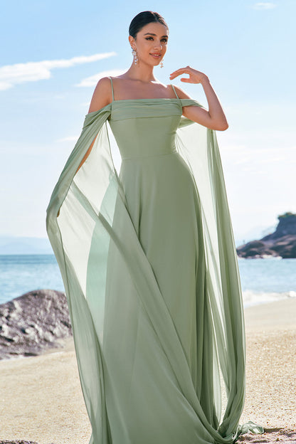 Dusty Blue Cold Shoulder A-Line Long Bridesmaid Dress with Detachable Sleeves