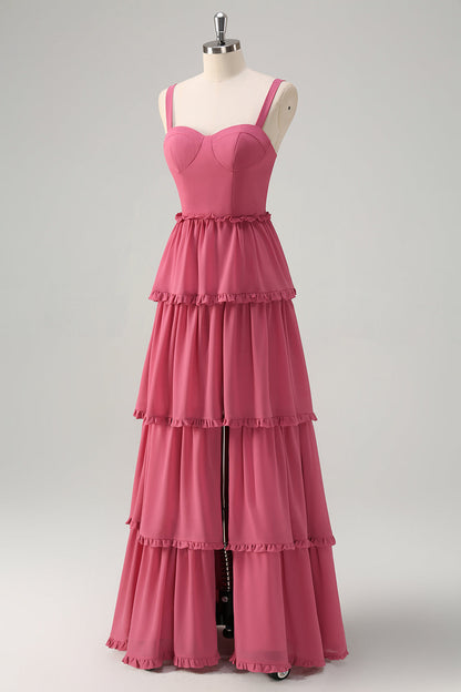 Rusty Rose A-Line Chiffon Tiered Long Bridesmaid Dress
