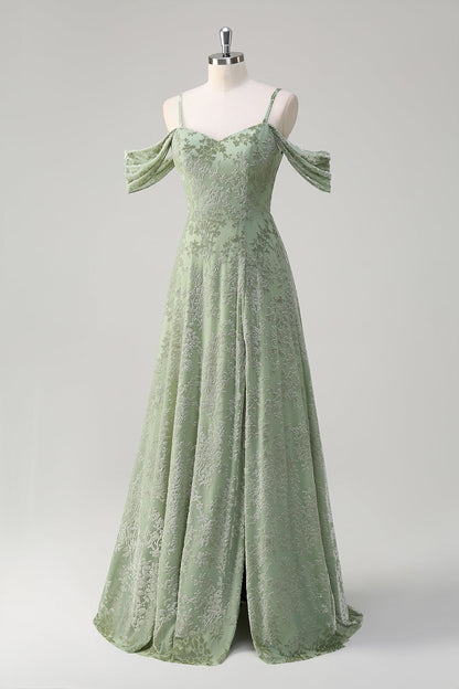 Dusty Sage Cold Shoulder A-Line Jacquard Long Bridesmaid Dress with Slit