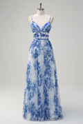 White Blue Flower Pleated Spaghetti Straps Long Bridesmaid Dress