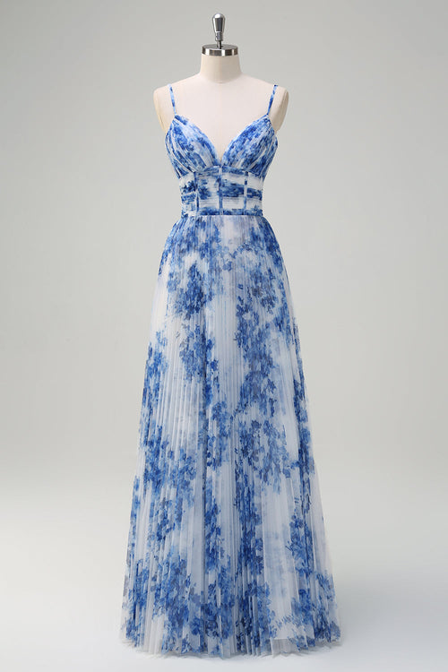 White Blue Flower Pleated Spaghetti Straps Long Bridesmaid Dress