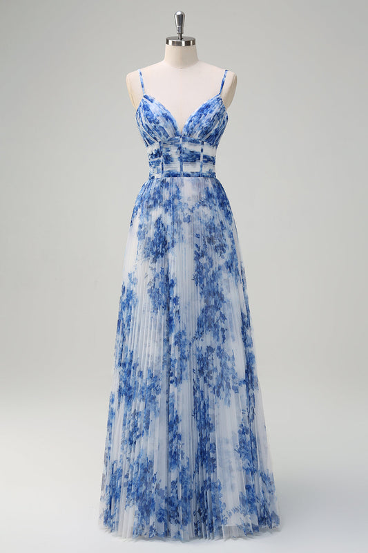 White Blue Flower Pleated Spaghetti Straps Long Bridesmaid Dress