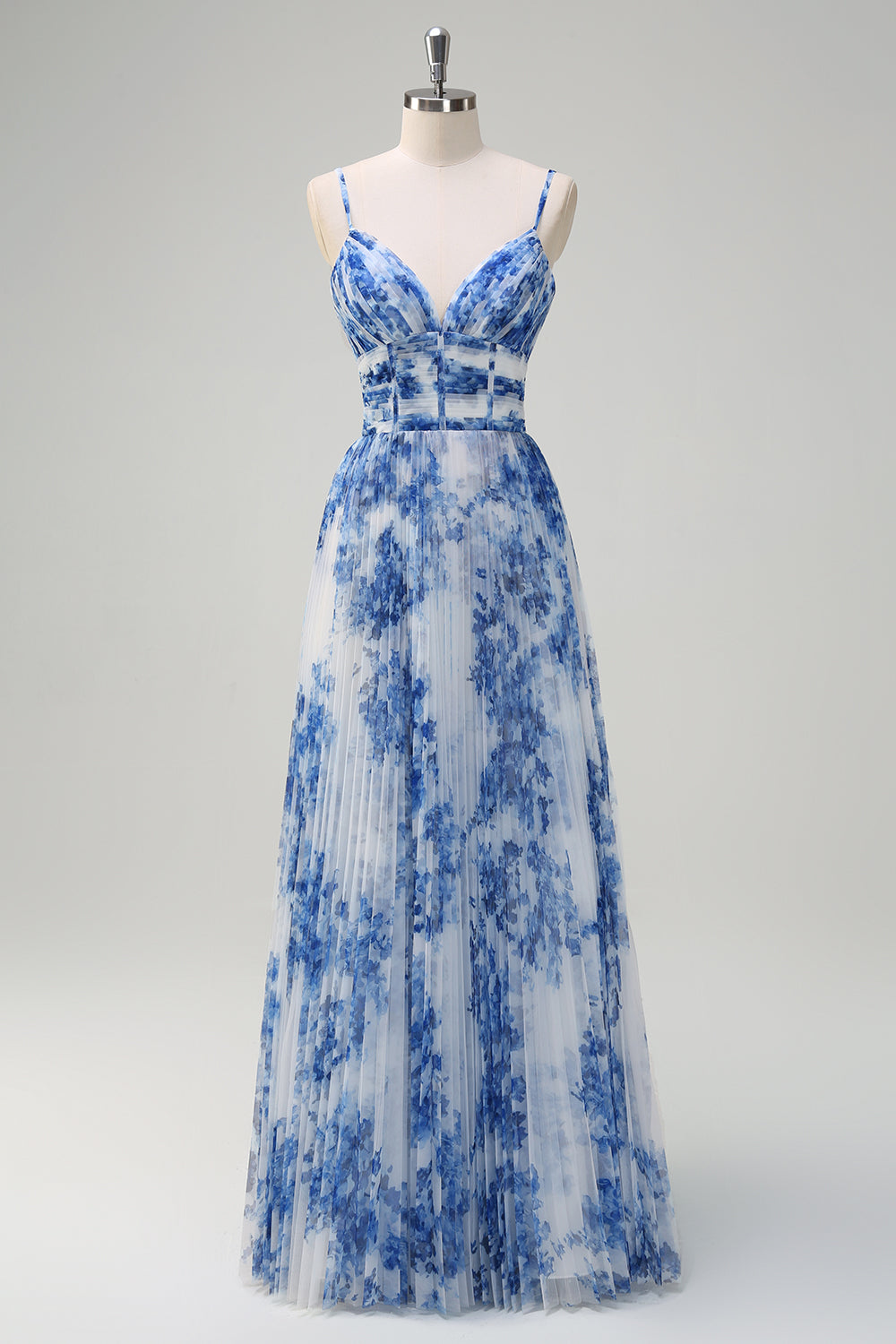 White Blue Flower Pleated Corset Long Bridesmaid Dress