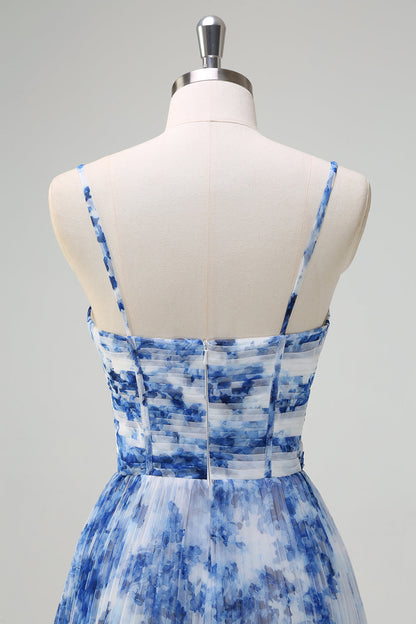 White Blue Flower Pleated Spaghetti Straps Long Bridesmaid Dress