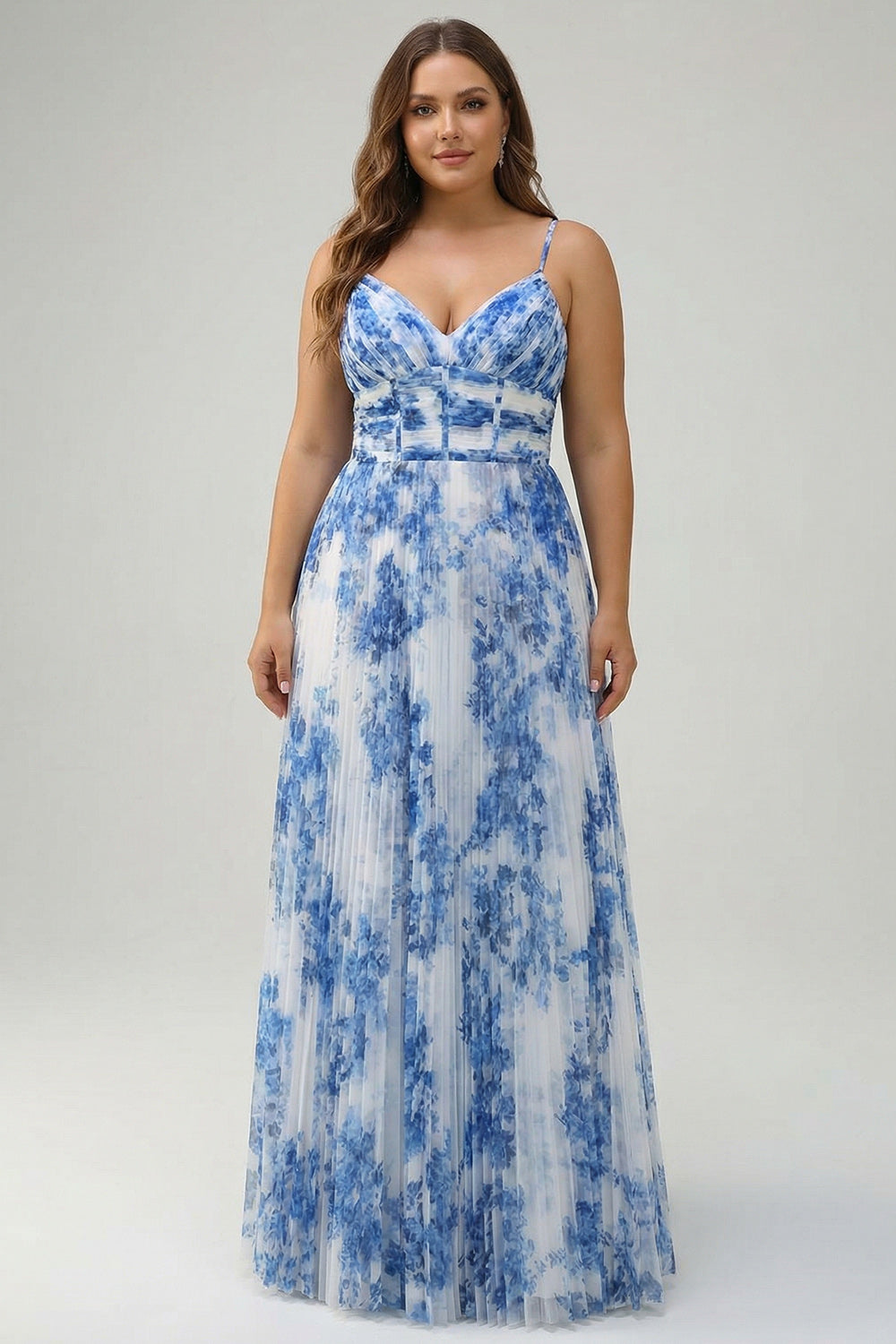 White Blue Flower Pleated Spaghetti Straps Long Bridesmaid Dress