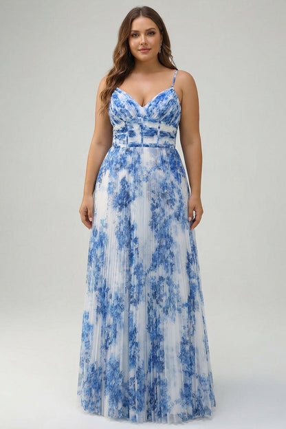 White Blue Flower Pleated Spaghetti Straps Long Bridesmaid Dress
