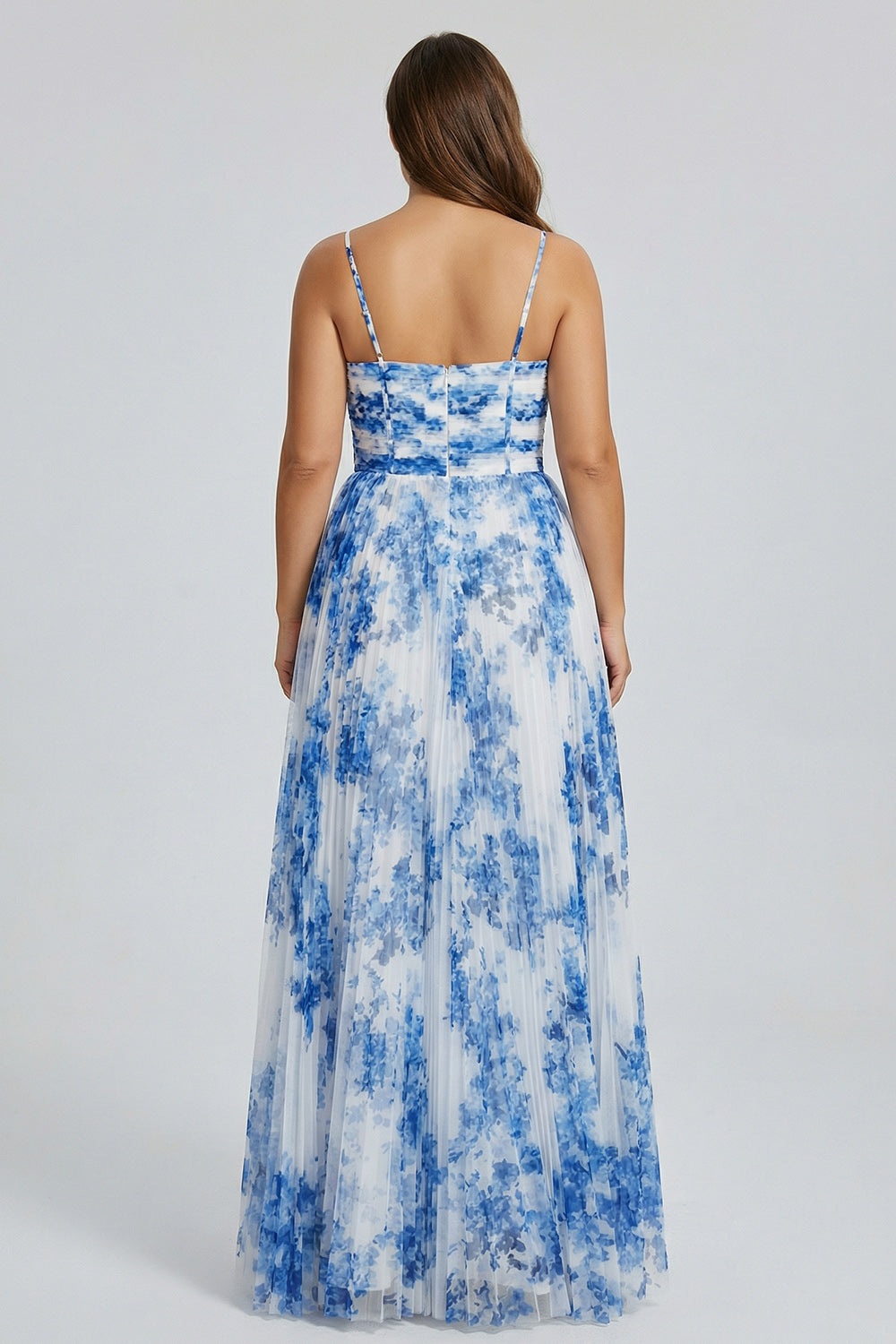 White Blue Flower Pleated Spaghetti Straps Long Bridesmaid Dress
