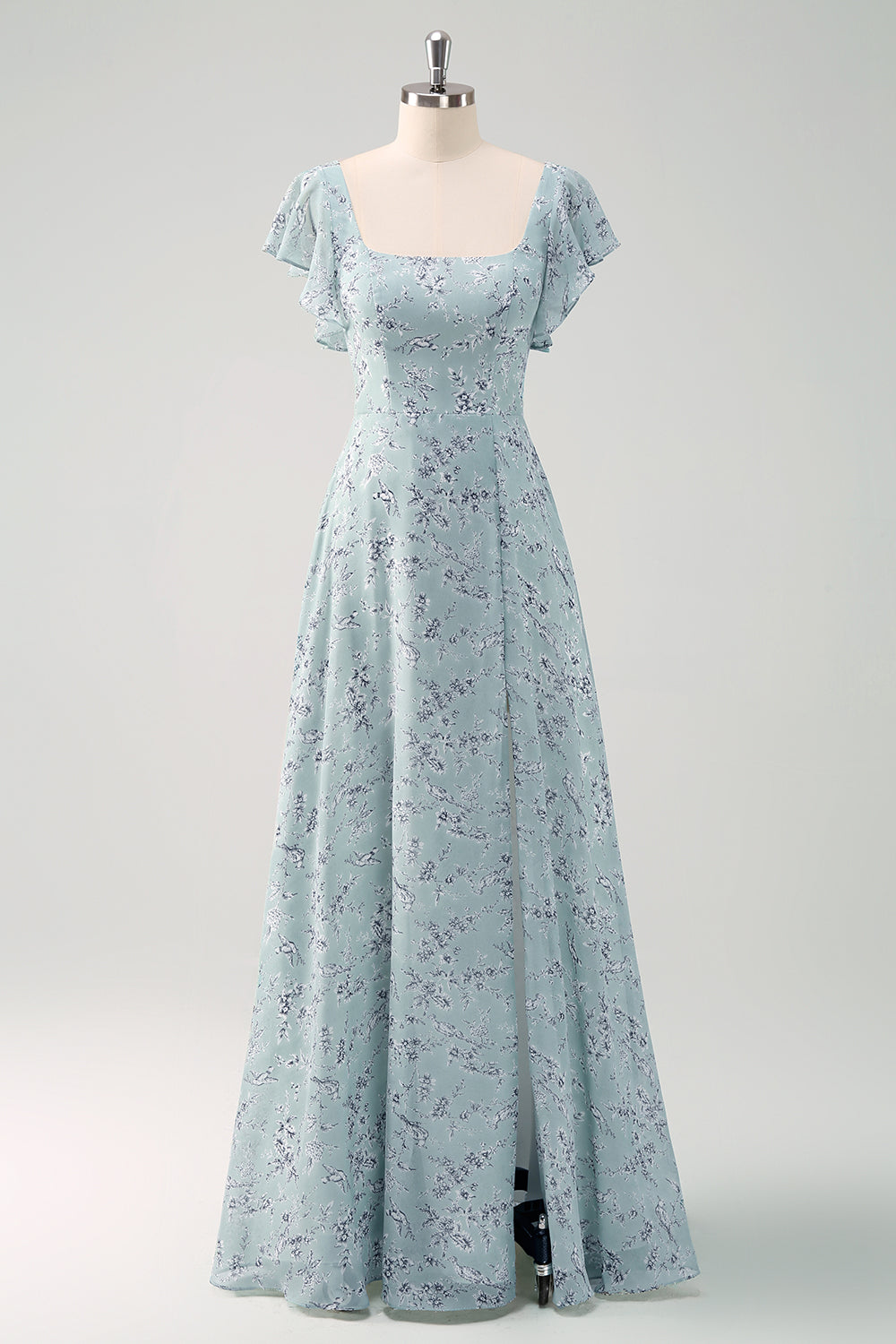 Grey Green Square Neck Floral Printed Bridesmaid Dress with Slit