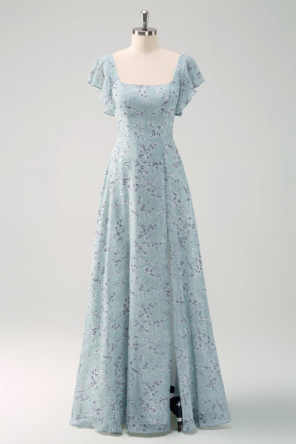 Grey Green Square Neck Floral Printed Bridesmaid Dress with Slit