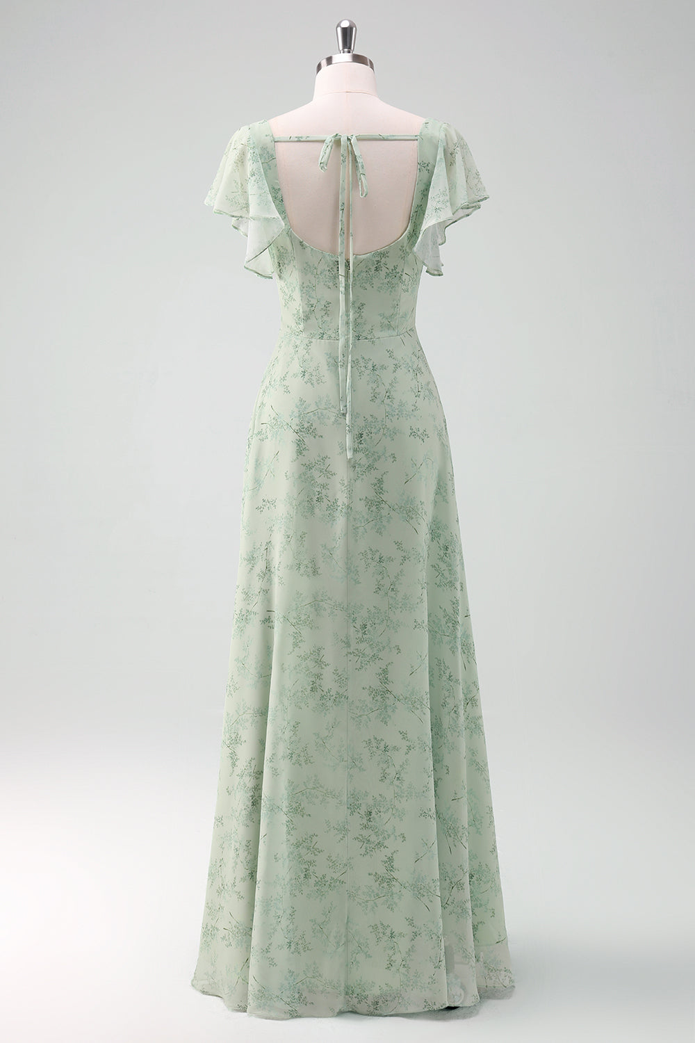 Grey Green Square Neck Floral Printed Bridesmaid Dress with Slit