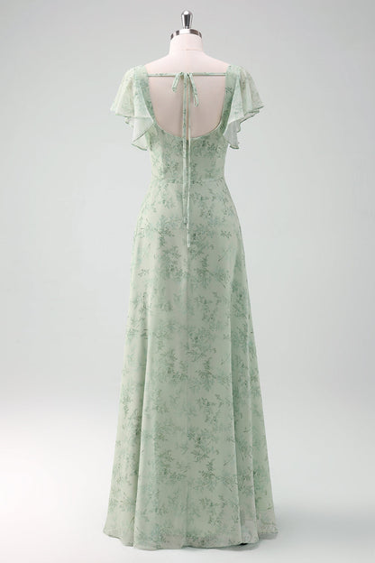 Grey Green Square Neck Floral Printed Bridesmaid Dress with Slit