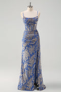 Blue Burnt Out Velvet Spaghetti Straps Sheath Bridesmaid Dress With Slit