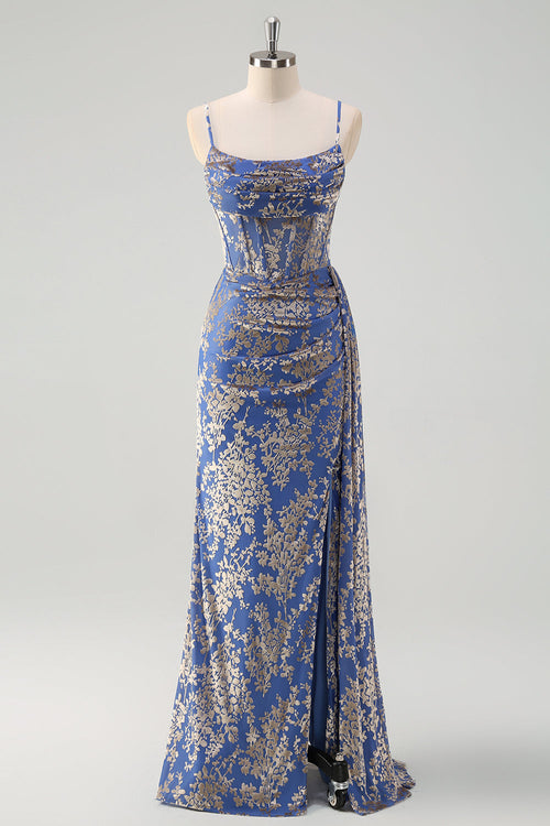 Blue Burnt Out Velvet Spaghetti Straps Sheath Bridesmaid Dress With Slit