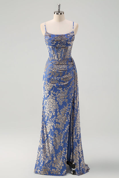 Burnt Out Velvet Blue Spaghetti Straps Corset Bridesmaid Dress With Slit