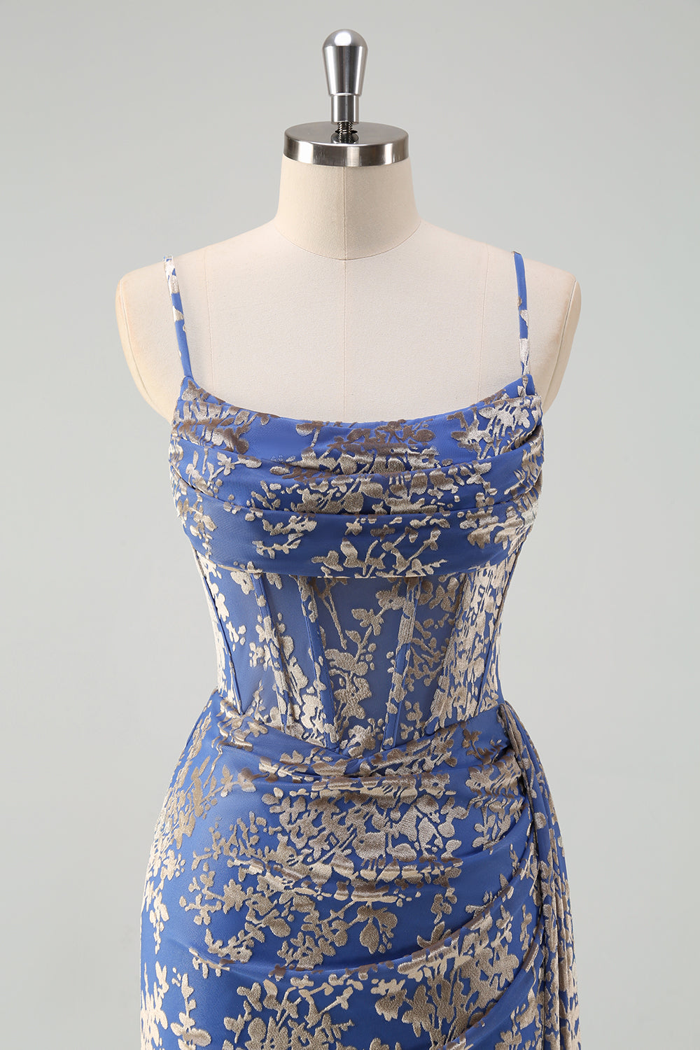 Burnt Out Velvet Blue Spaghetti Straps Corset Bridesmaid Dress With Slit