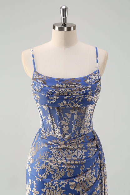 Burnt Out Velvet Blue Spaghetti Straps Corset Bridesmaid Dress With Slit