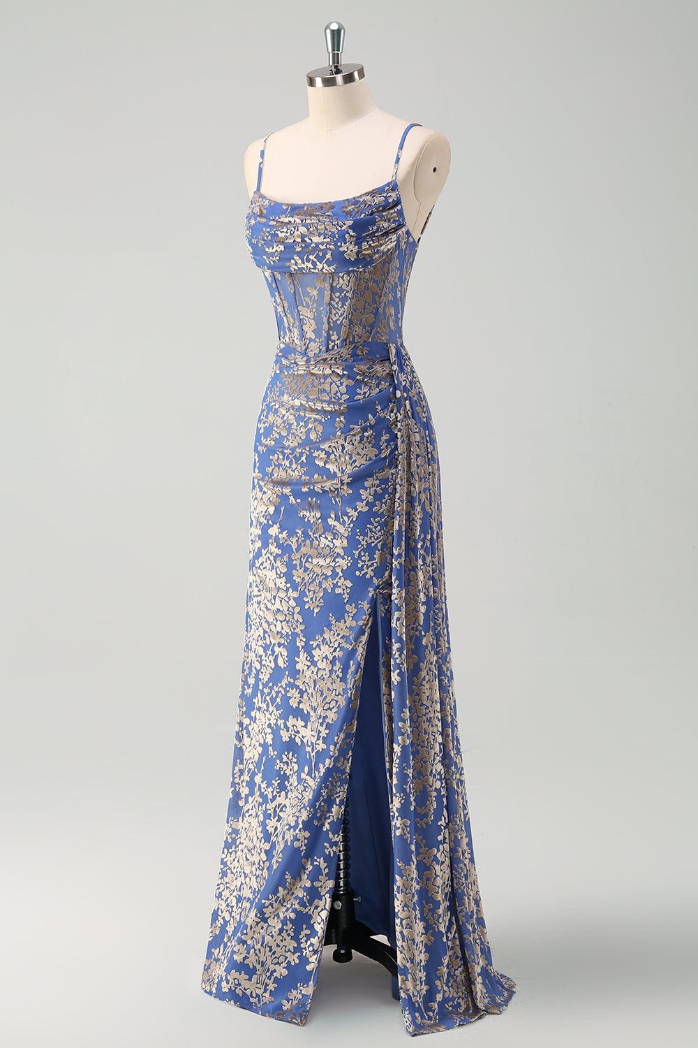 Burnt Out Velvet Blue Spaghetti Straps Corset Bridesmaid Dress With Slit