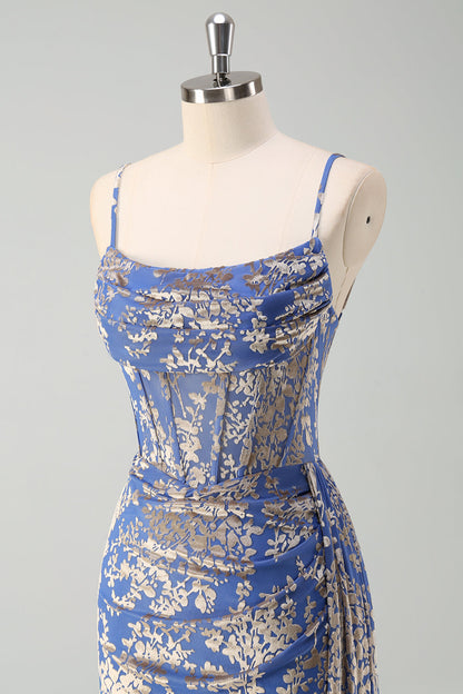 Burnt Out Velvet Blue Spaghetti Straps Corset Bridesmaid Dress With Slit
