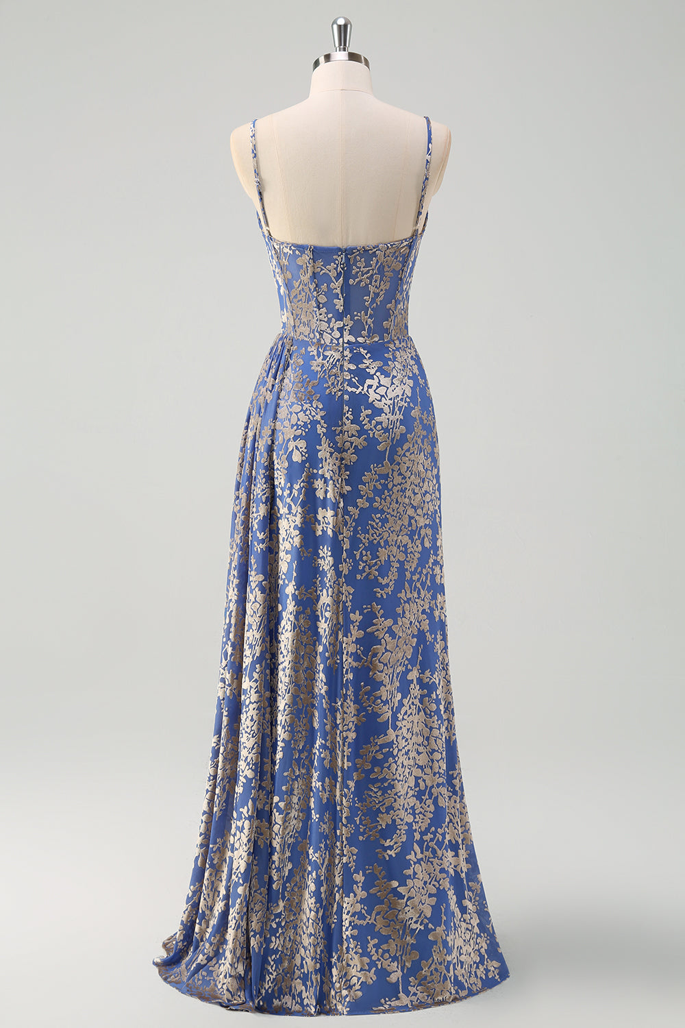 Burnt Out Velvet Blue Spaghetti Straps Corset Bridesmaid Dress With Slit