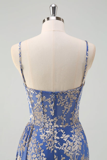 Blue Burnt Out Velvet Spaghetti Straps Sheath Bridesmaid Dress With Slit