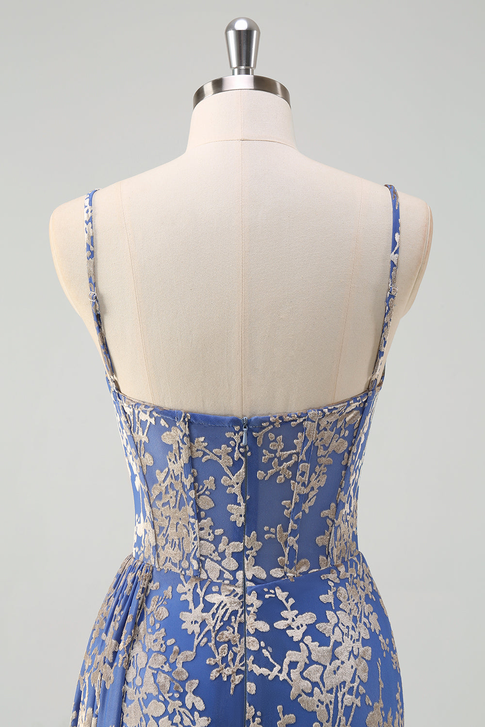 Burnt Out Velvet Blue Spaghetti Straps Corset Bridesmaid Dress With Slit