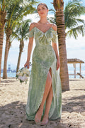 Dusty Sage Cold Shoulder Floral Long Bridesmaid Dress with Slit
