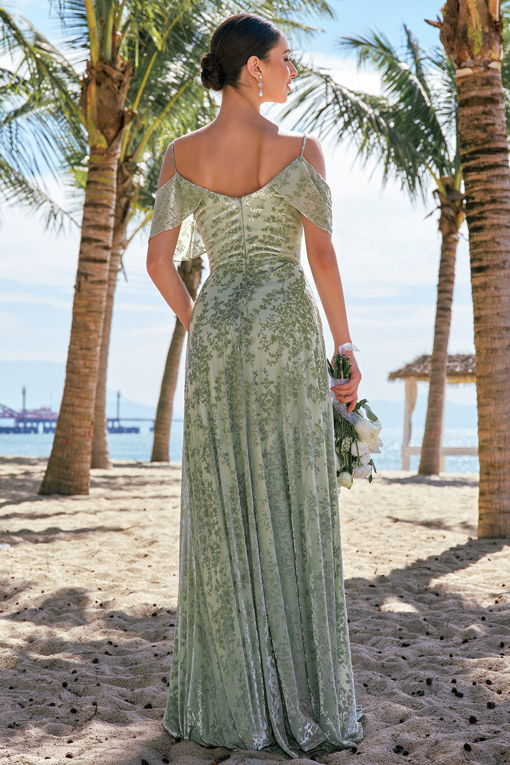 Dusty Sage Cold Shoulder Floral Long Bridesmaid Dress with Slit