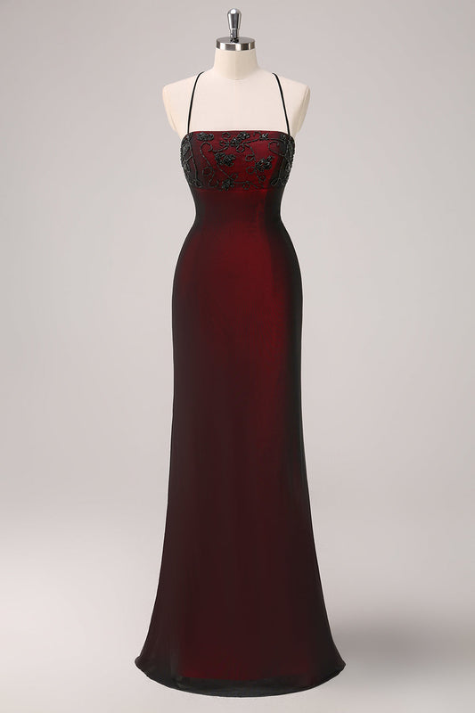Sparkly Black Red Mermaid Spaghetti Straps Long Bridesmaid Dress with Beading