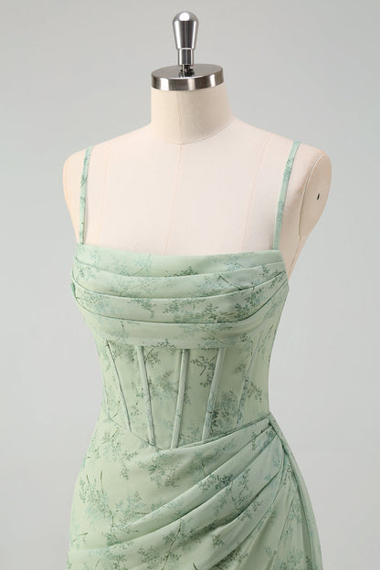 Dusty Sage Corset Floral Print Bridesmaid Dress with Slit