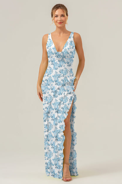 Blue Flower Mermaid Ruffles Long Bridesmaid Dress with Slit