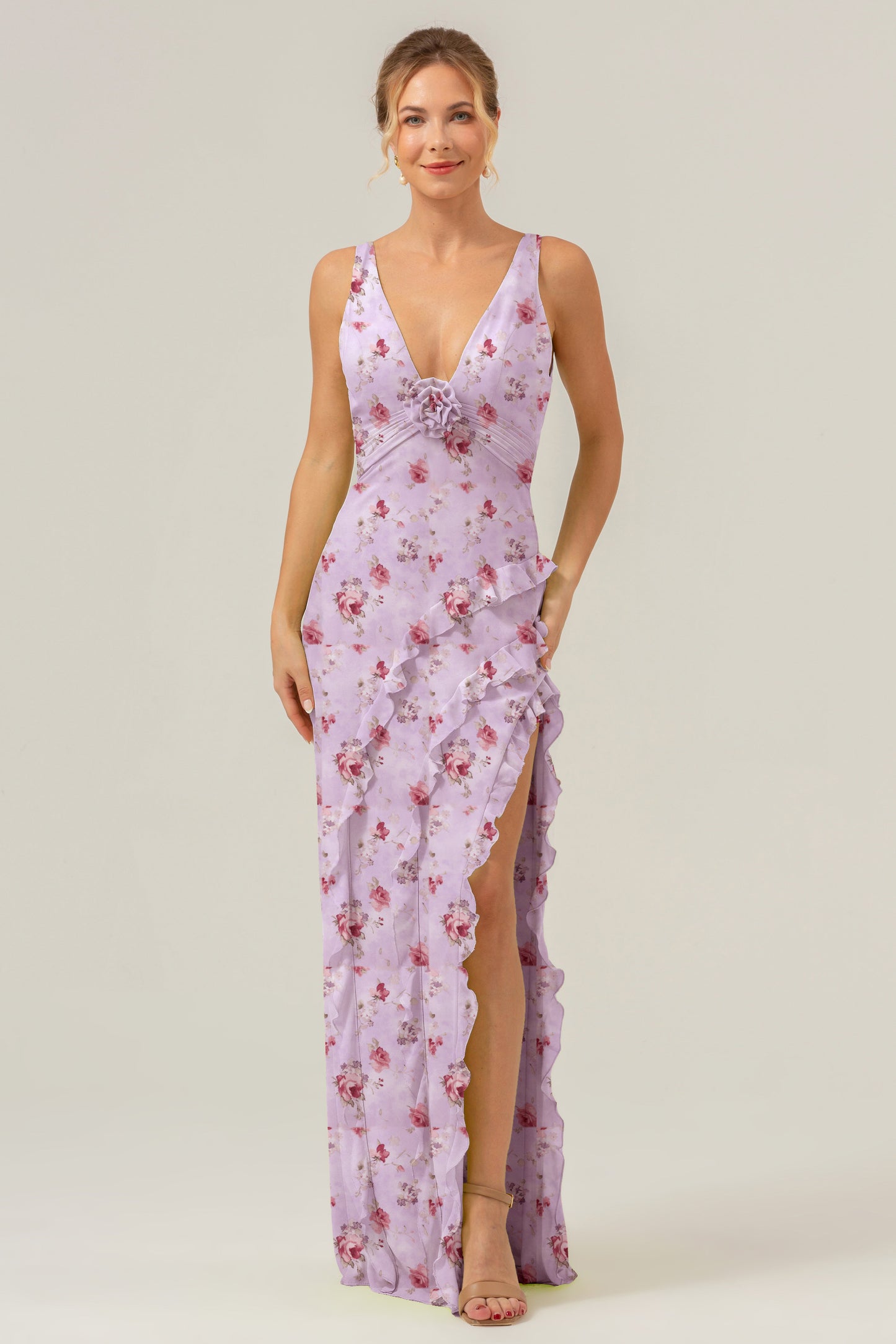 Blue Flower Mermaid Ruffles Long Bridesmaid Dress with Slit
