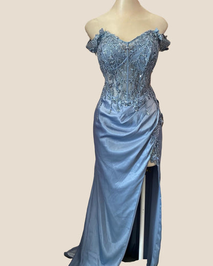 Lace Off the Shoulder Navy Blue Satin Mermaid Dress