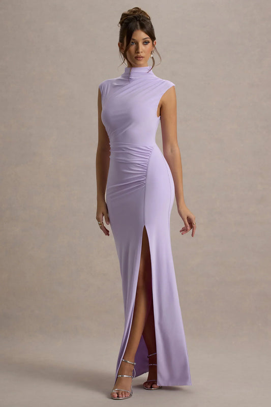 Lanetta | Lilac Ruched High-Neck Maxi Dress With Split