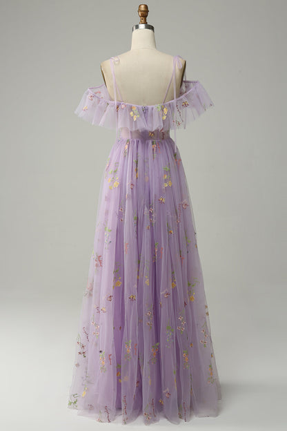 Lavender Floral Ruffles Tulle A-line Long Prom Dress