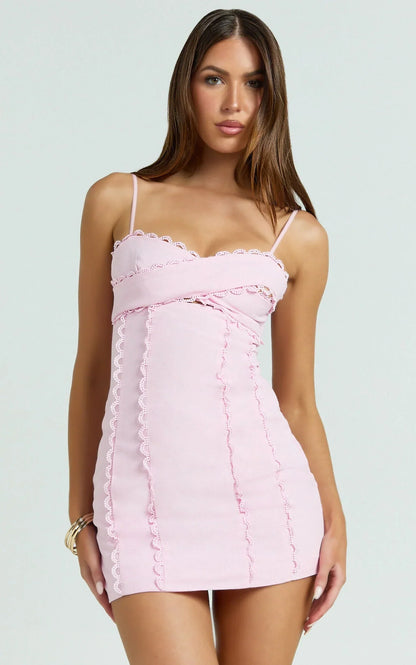 Gigi Mini Linen Blend Dress - Sweetheart Tie Back Scallop Detail Dress in Pink