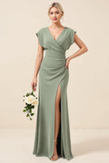 Chiffon Eucalyptus Sheath V-Neck Long Bridesmaid Dress with Slit