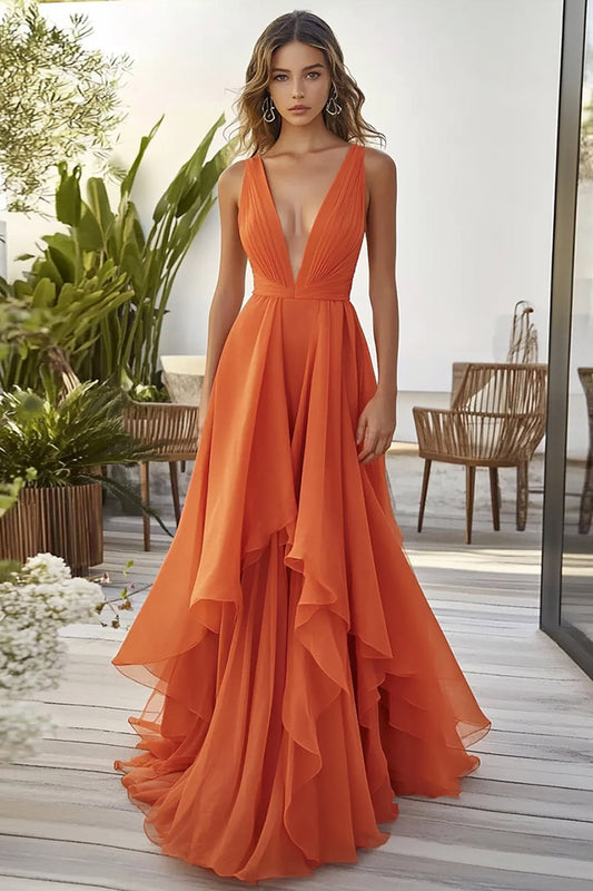 Orange Chiffon Deep V-Neck Long Wedding Guest Dress with Ruffles
