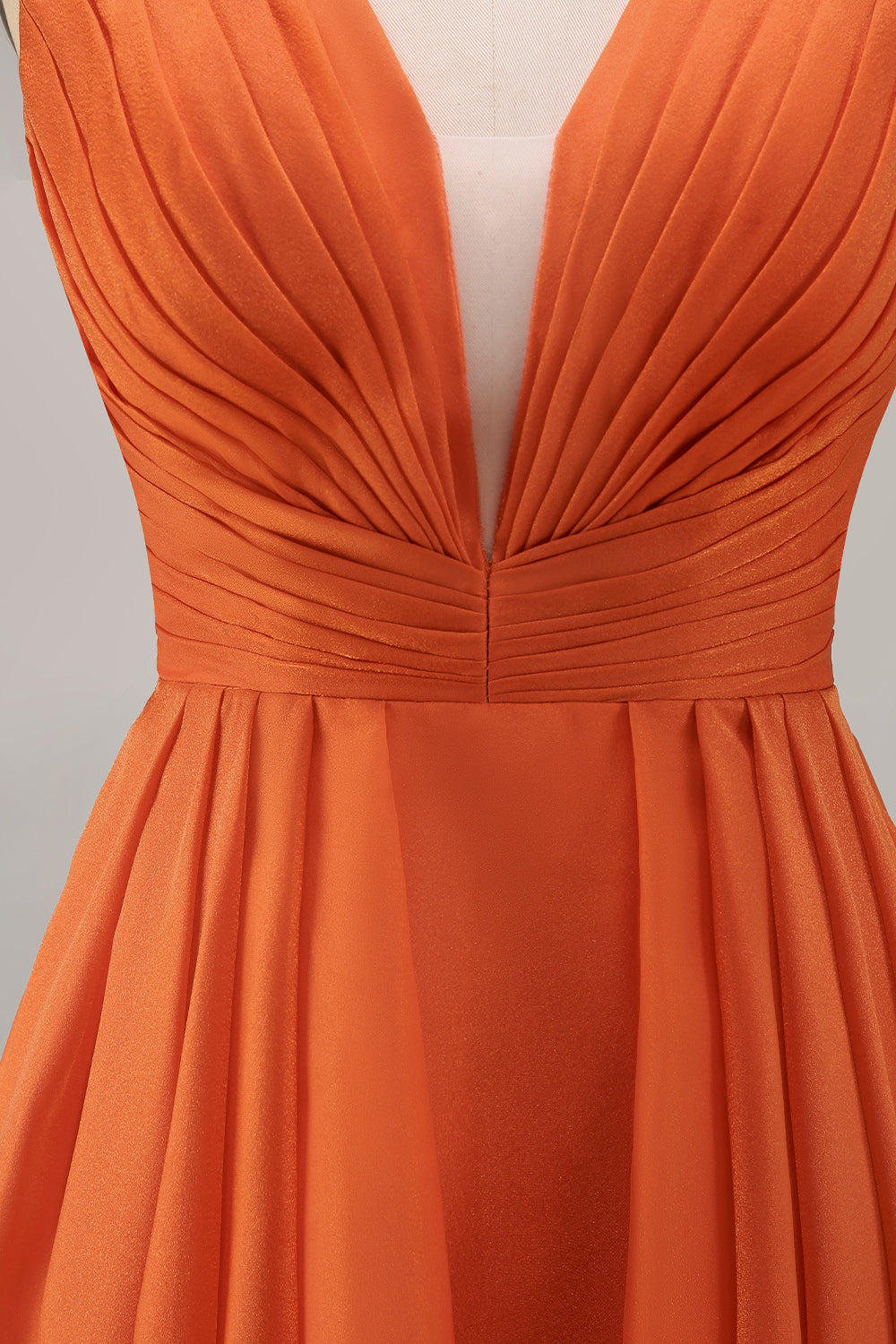 Orange Chiffon Deep V-Neck Long Wedding Guest Dress with Ruffles
