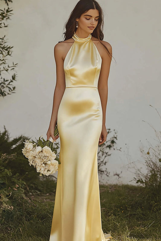Mermaid Light Yellow Halter Long Satin Bridesmaid Dress