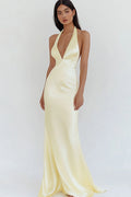 Daffodil Satin Sheath Halter V-Neck Long Prom Dress