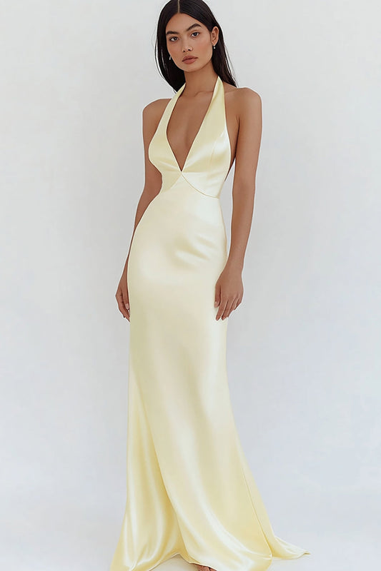 Daffodil Satin Sheath Halter V-Neck Long Prom Dress