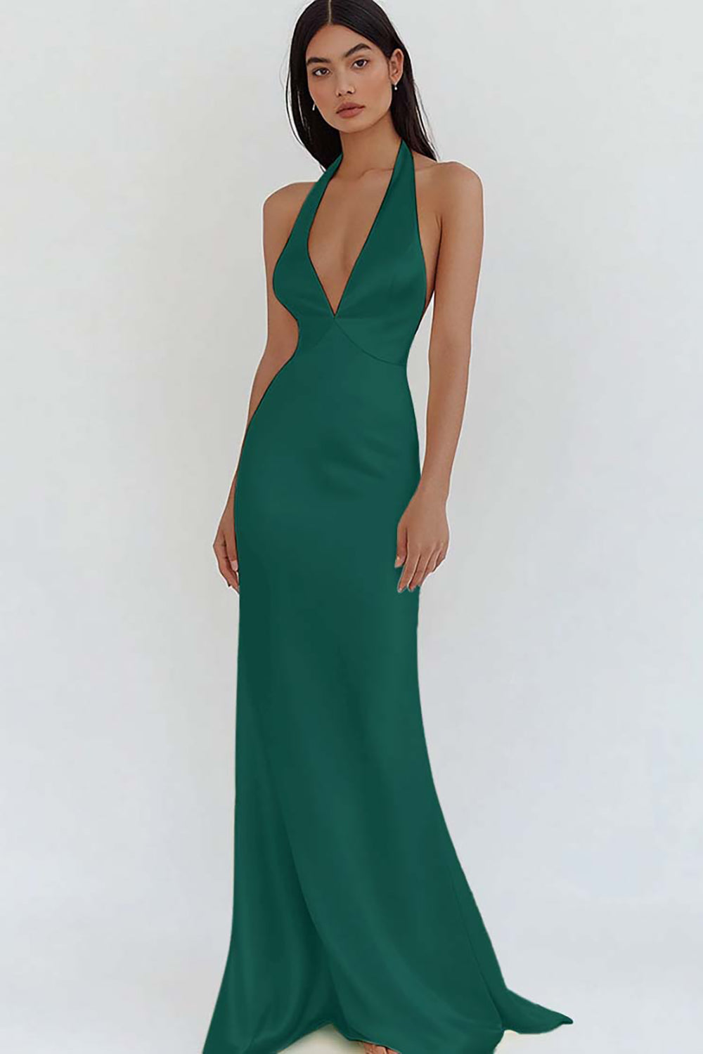 Daffodil Satin Sheath Halter V-Neck Long Prom Dress