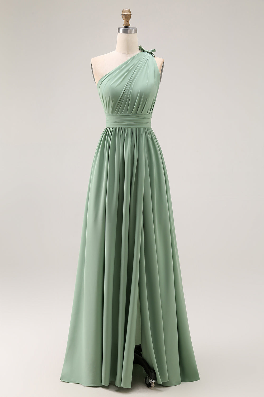 Green One Shoulder Ruched Boho Long Bridesmaid Dress with Slit