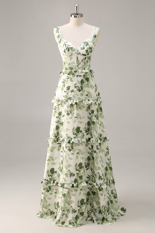 Green Floral Corset Satin Long Wedding Guest Dress with Ruffles