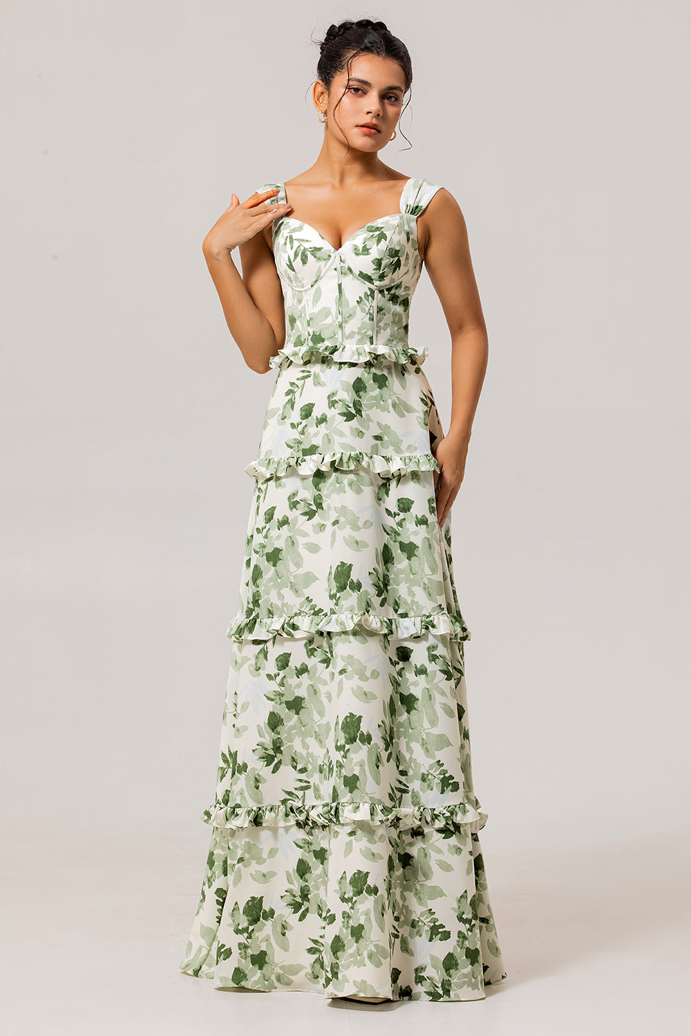 Green Floral Corset Satin Long Wedding Guest Dress with Ruffles